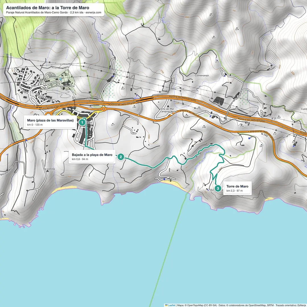 Mapa de la ruta de Maro a la Torre de Maro por los acantilados de Maro-Cerro Gordo