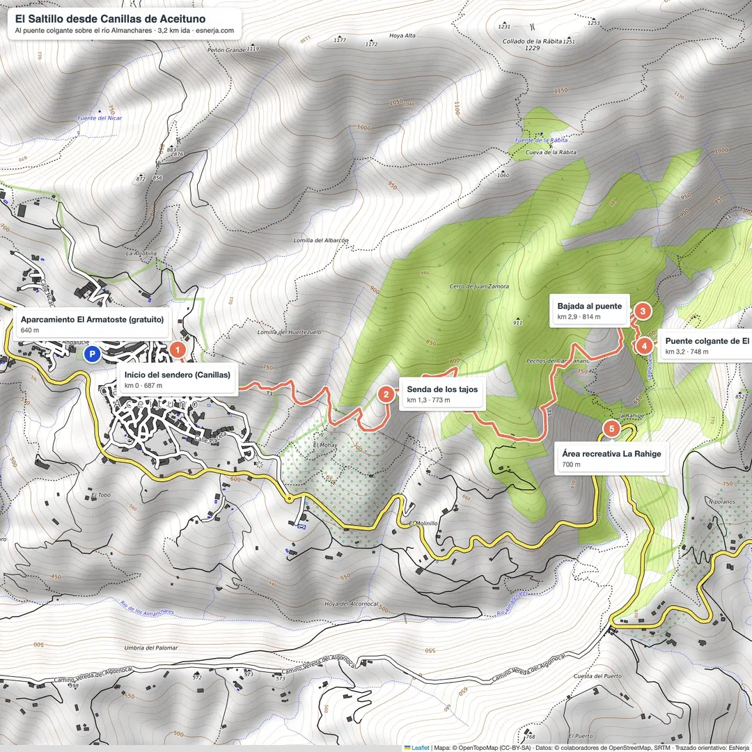 Mapa de la ruta de Canillas de Aceituno al puente colgante de El Saltillo sobre el río Almanchares