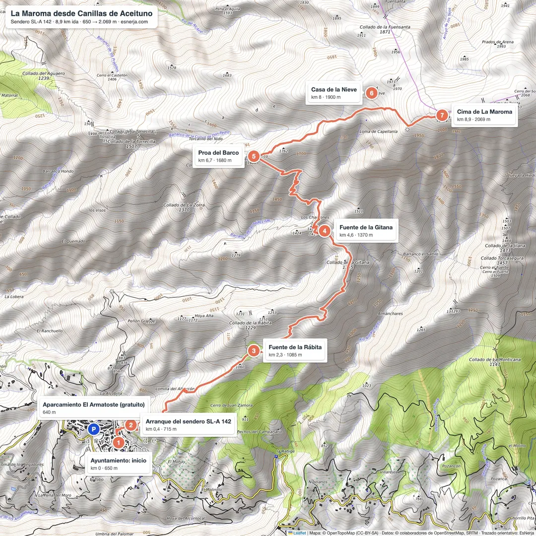 Mapa de la subida a La Maroma desde Canillas de Aceituno por el sendero SL-A 142: aparcamiento, Ayuntamiento, fuente de la Rábita, fuente de la Gitana, Proa del Barco, Casa de la Nieve y cima