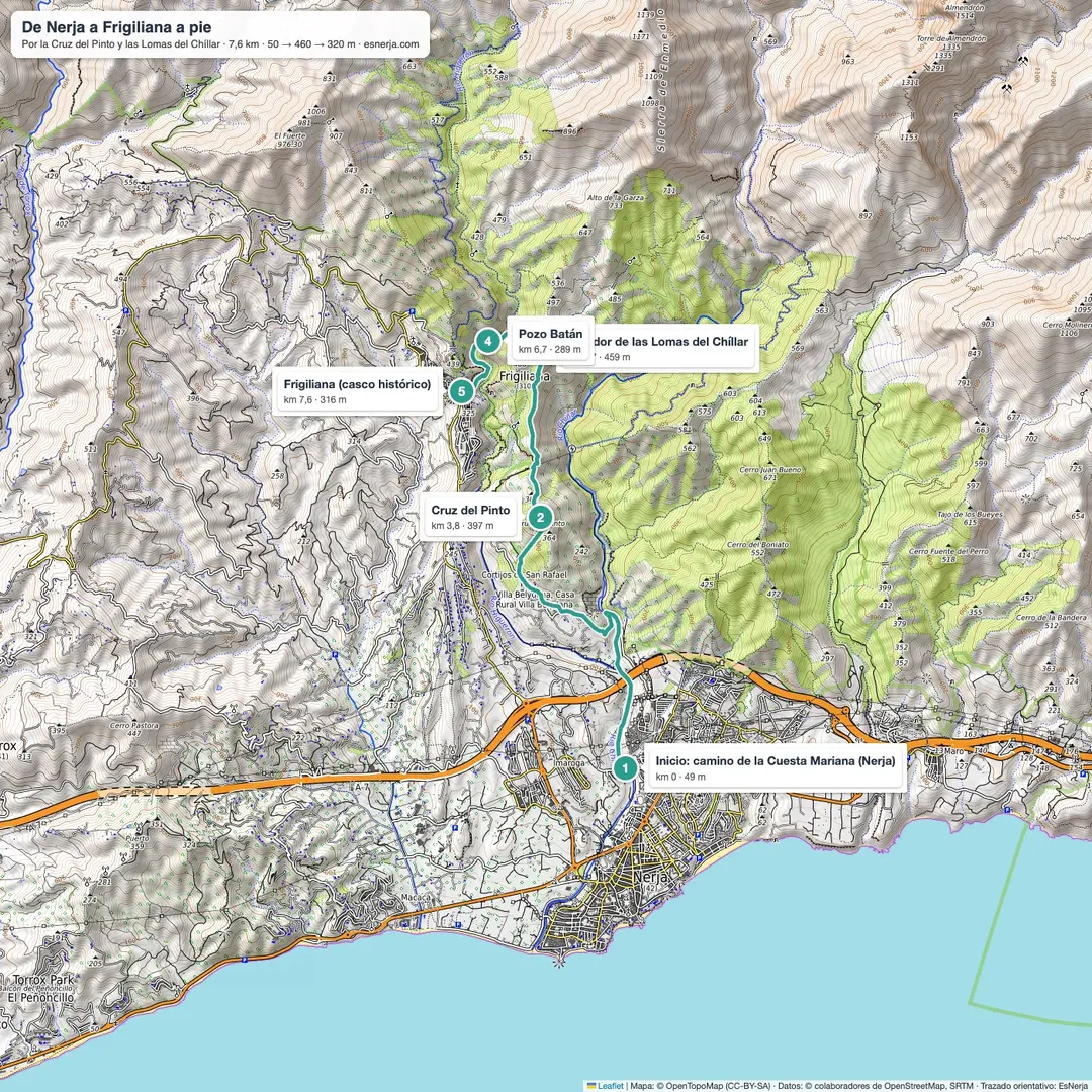 Mapa de la ruta a pie de Nerja a Frigiliana por la Cruz del Pinto, las Lomas del Chíllar y el Pozo Batán