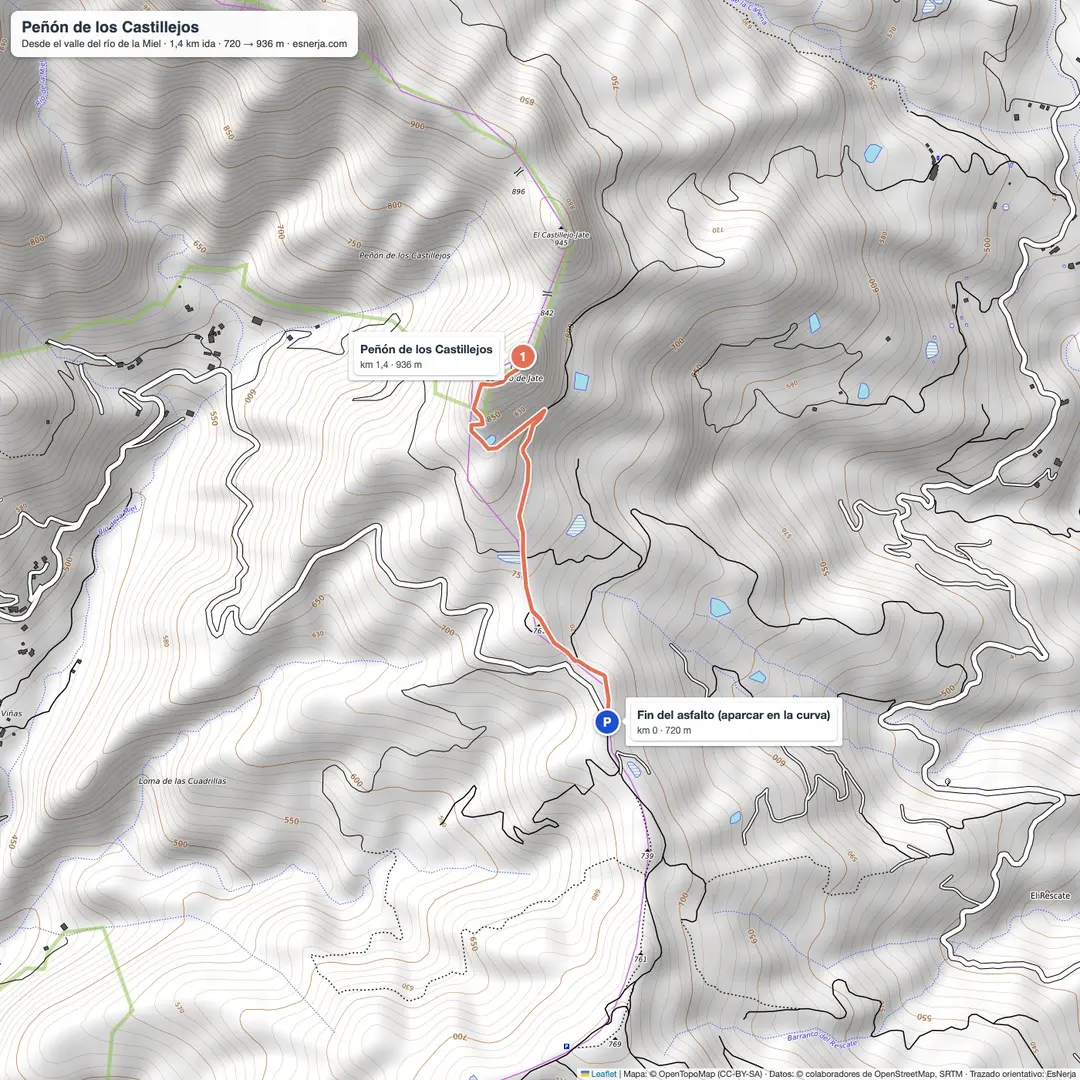 Mapa de la subida al Peñón de los Castillejos desde el final del asfalto del camino del río de la Miel