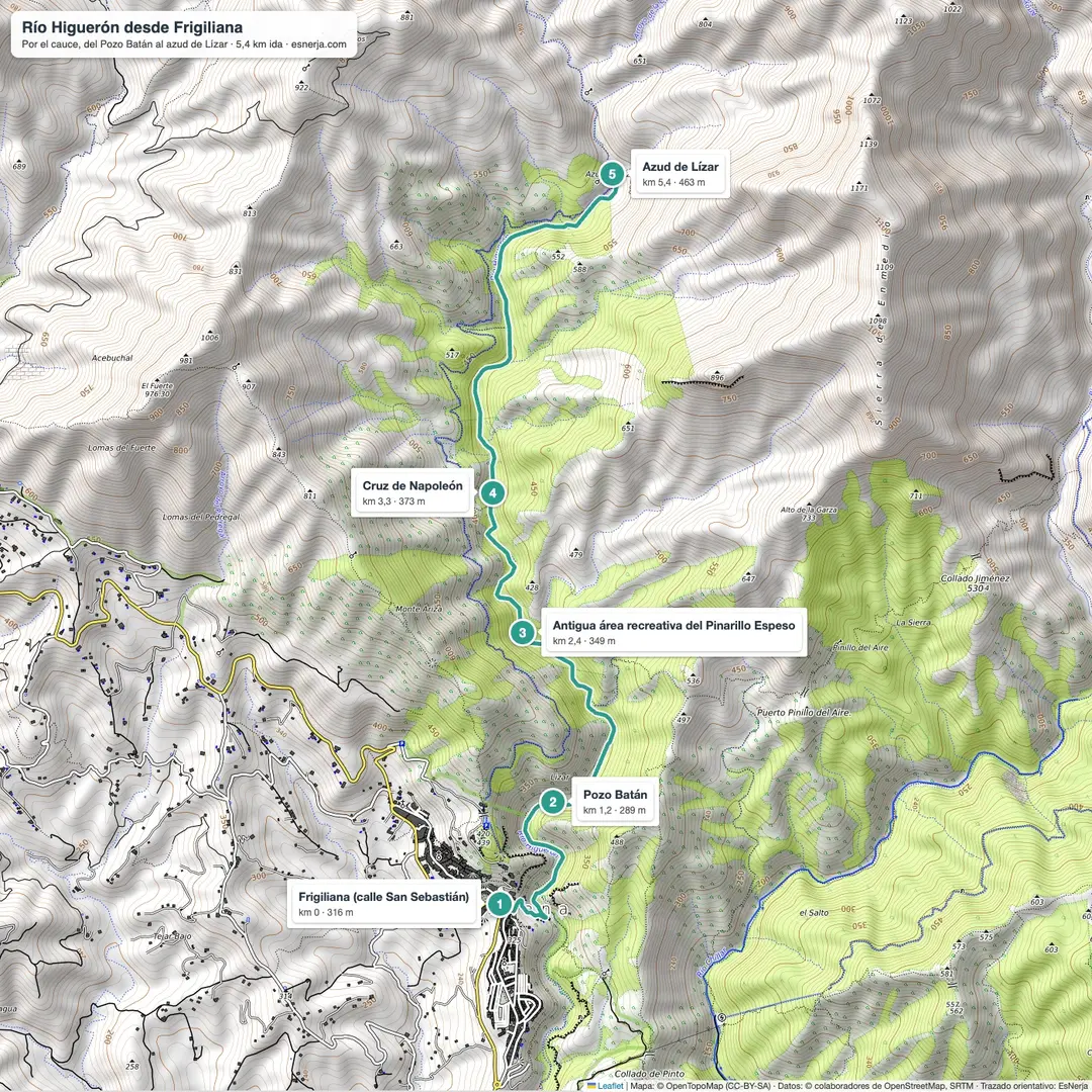 Mapa de la ruta del río Higuerón desde Frigiliana: Pozo Batán, Cruz de Napoleón y azud de Lízar