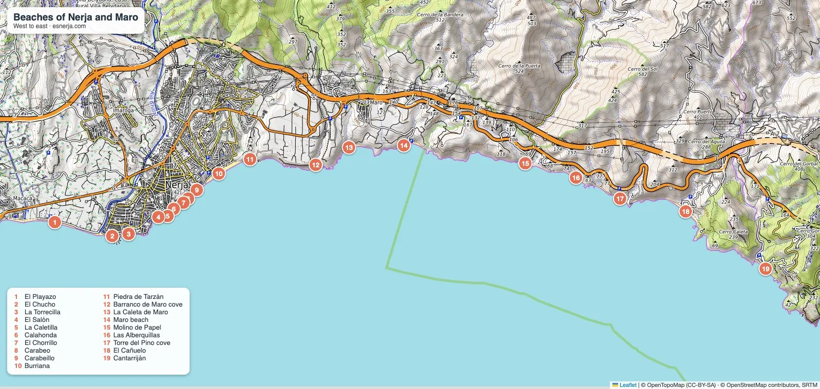 Map of the beaches of Nerja and Maro, numbered from west to east