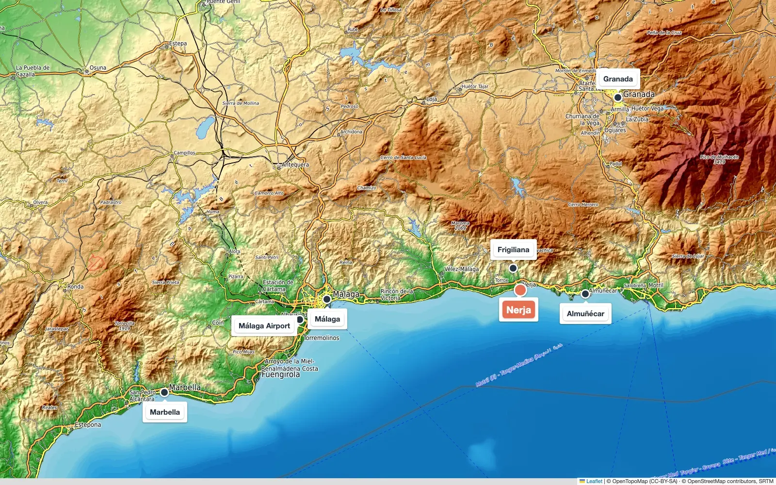 Map of southern Spain showing where Nerja is, east of Málaga on the Costa del Sol