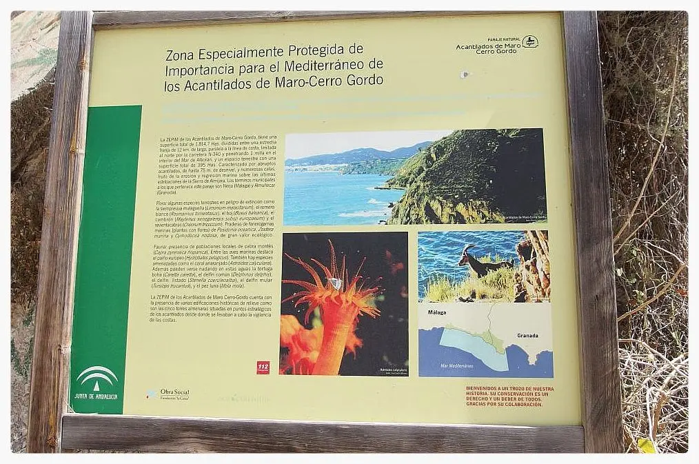 Panel de la Zona Especialmente Protegida de los Acantilados de Maro-Cerro Gordo, con fotos de su fauna