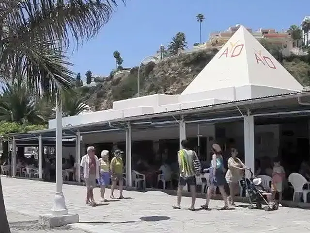 Chiringuito Ayo con su pirámide blanca y paseantes por el paseo de Burriana