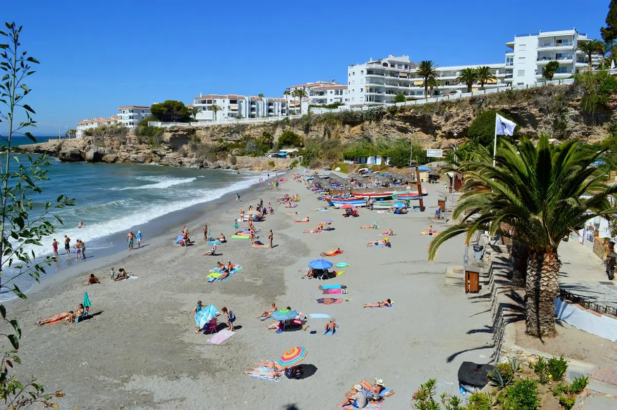 Arena de la playa El Salón con bañistas, palmeras y la bandera junto a la bajada