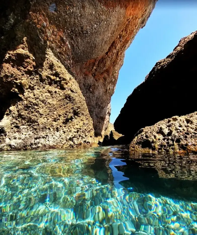 Paso entre rocas con agua transparente en la cala Barranco de Maro, ideal para snorkel
