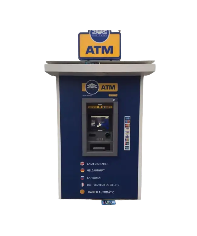 Cajero Euronet independiente con marquesina y rótulo ATM, con instrucciones en varios idiomas