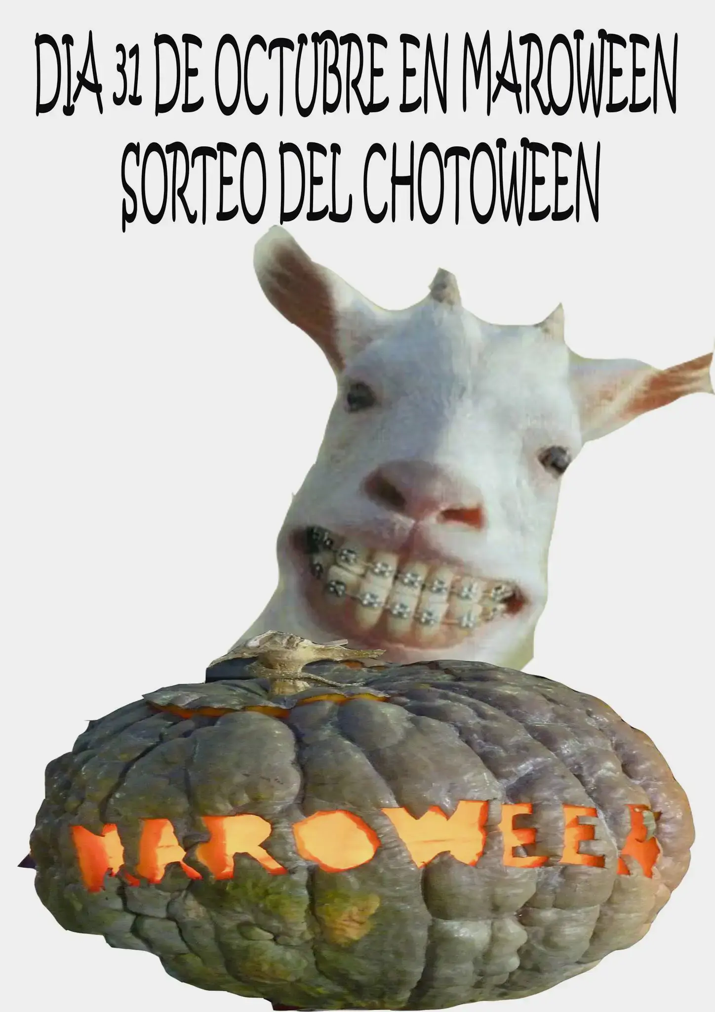 Cartel del sorteo del Chotoween el 31 de octubre en Maroween, con un chivo y una calabaza