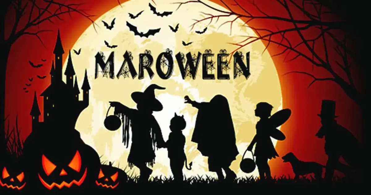 Ilustración de Maroween con siluetas de niños disfrazados, calabazas y murciélagos bajo la luna