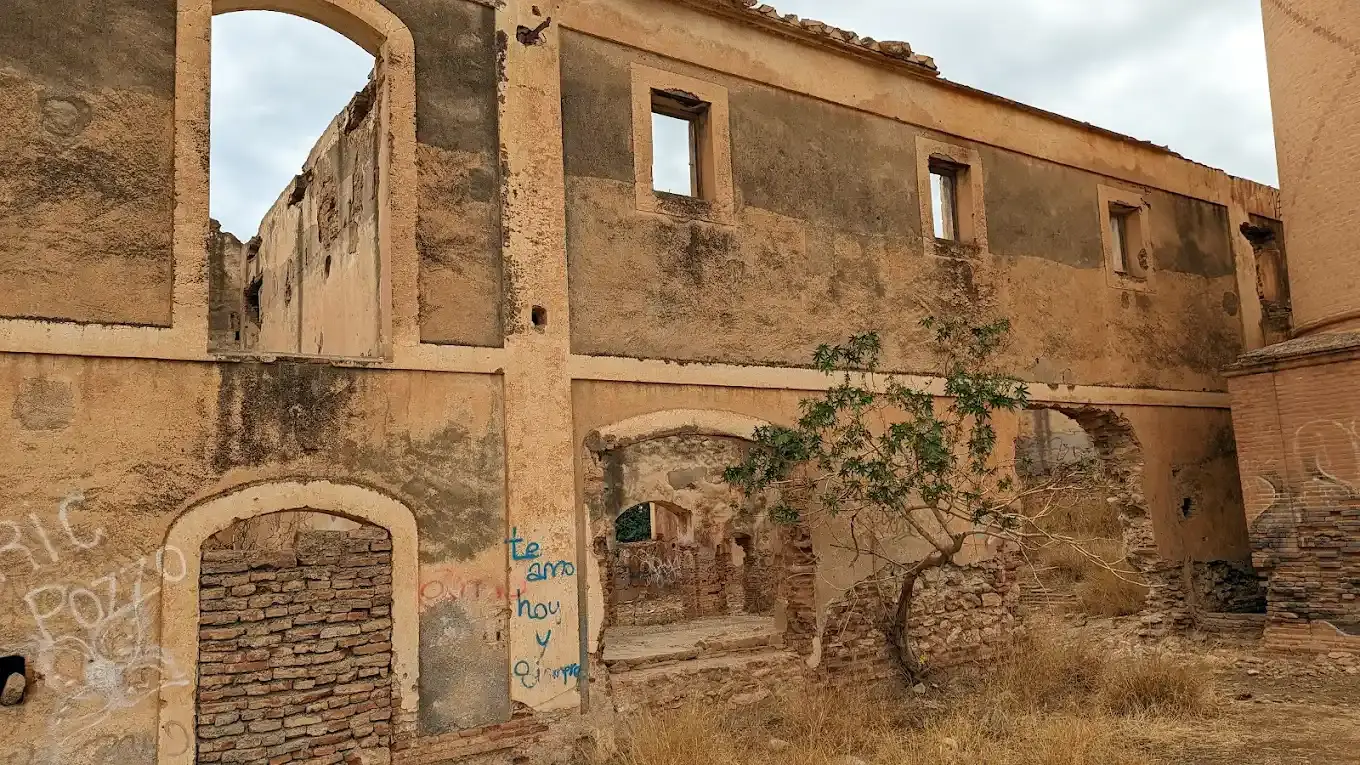 Muros desconchados con arcos tapiados, grafitis y un arbolillo creciendo entre las ruinas