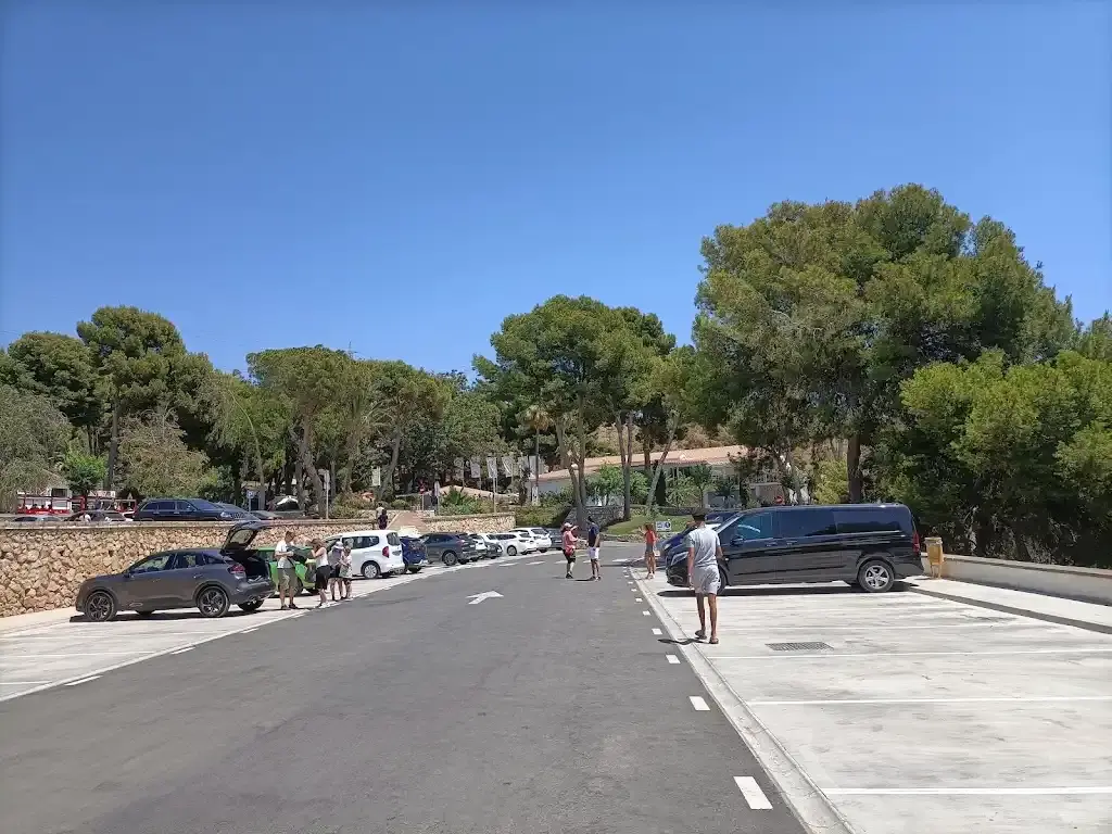 Plazas del aparcamiento junto a un muro de piedra, con pinos y visitantes junto a sus coches