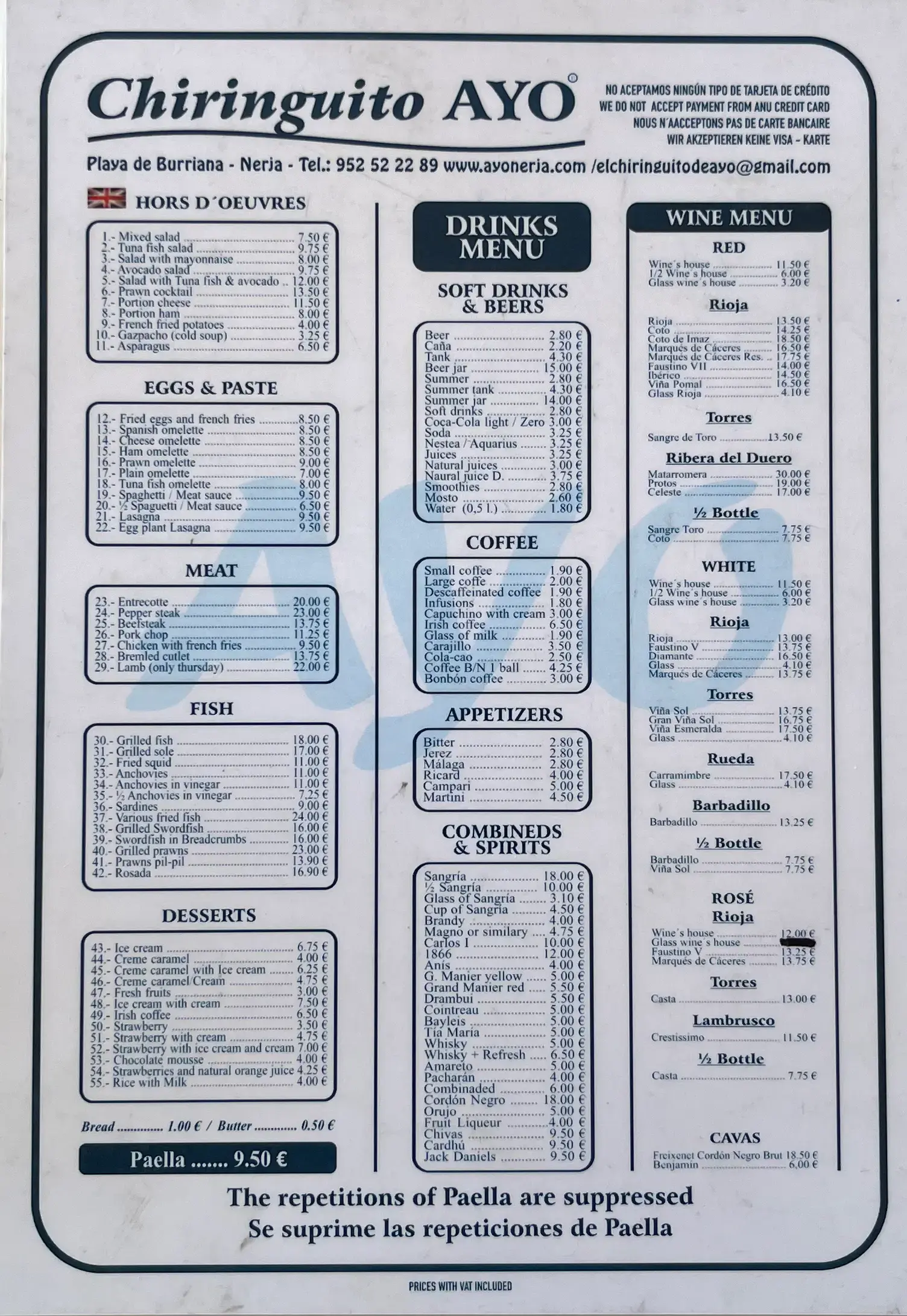 Menu (English) de Chiringuito Ayo en Nerja