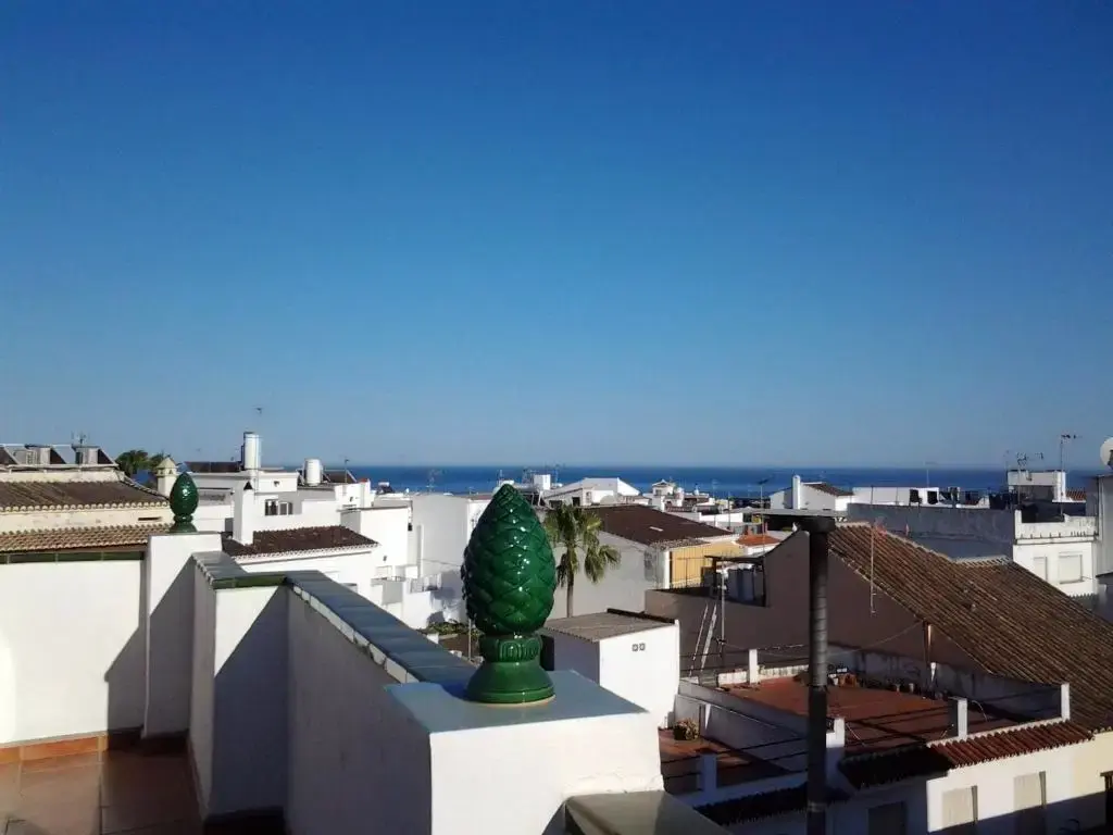Vista sobre los tejados de Nerja hasta el mar con un remate de cerámica verde delante