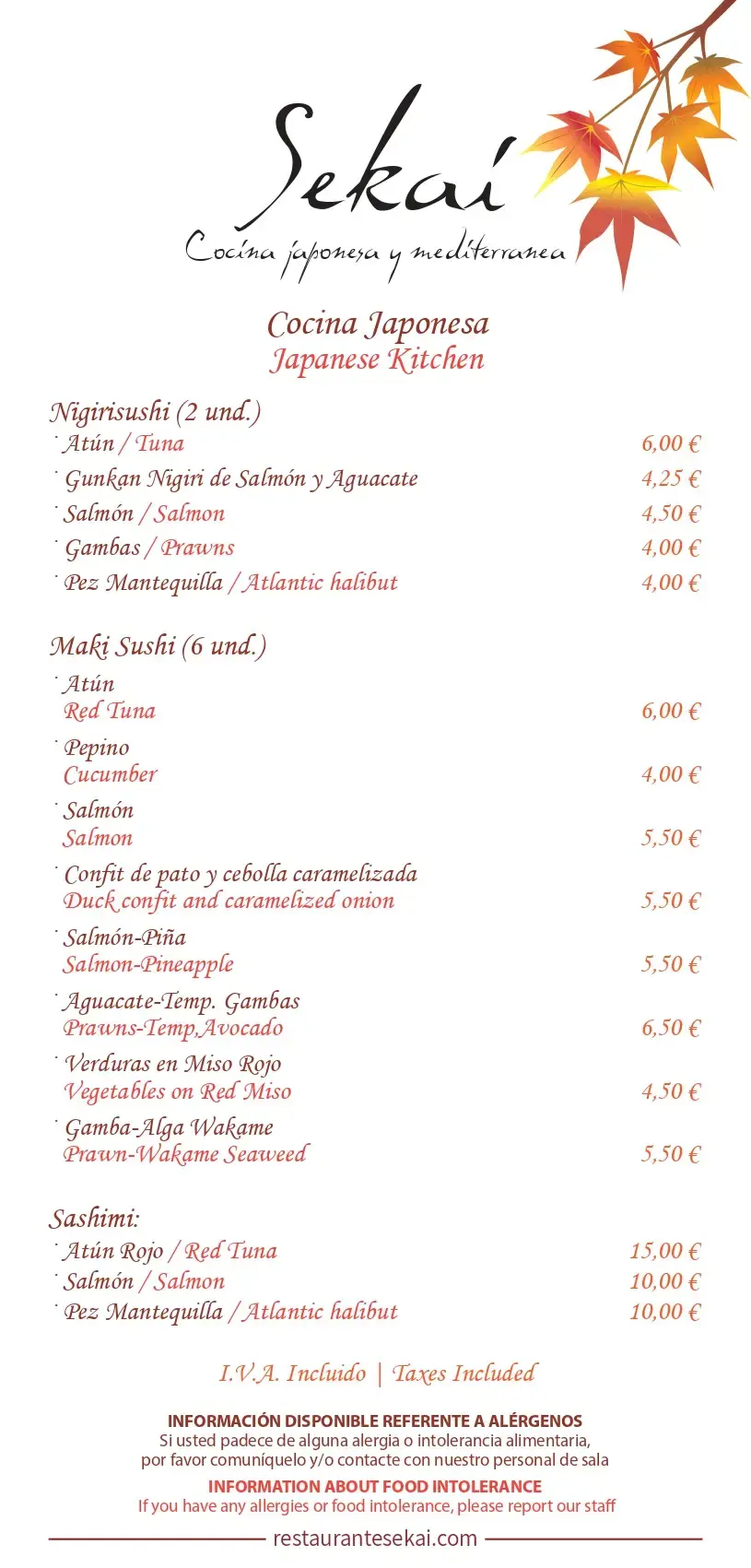 Carta (página 1) de Restaurante Sekai en Nerja
