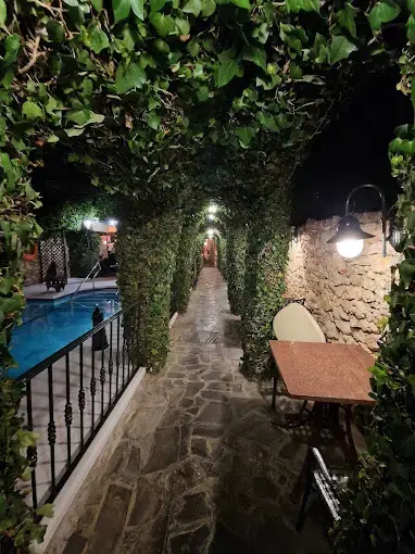 Pasillo de piedra bajo arcos de hiedra junto a la piscina, de noche