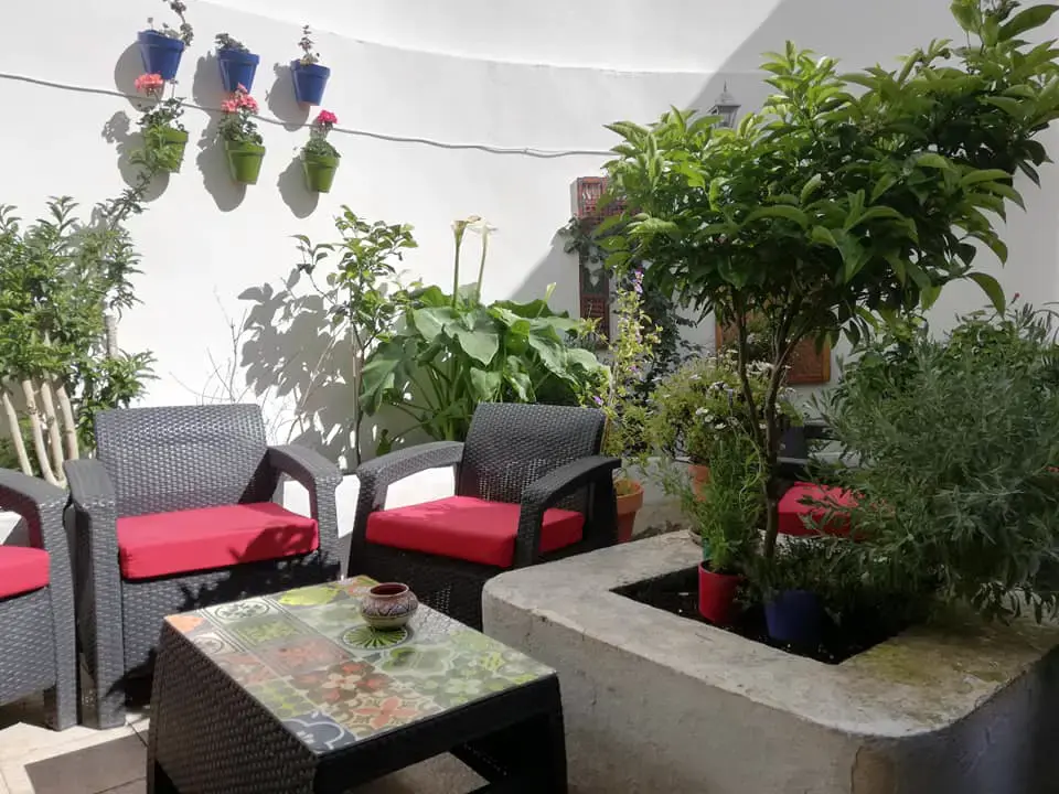 Rincón del patio con sillones de cojines rojos, mesa de azulejos y macetas en la pared