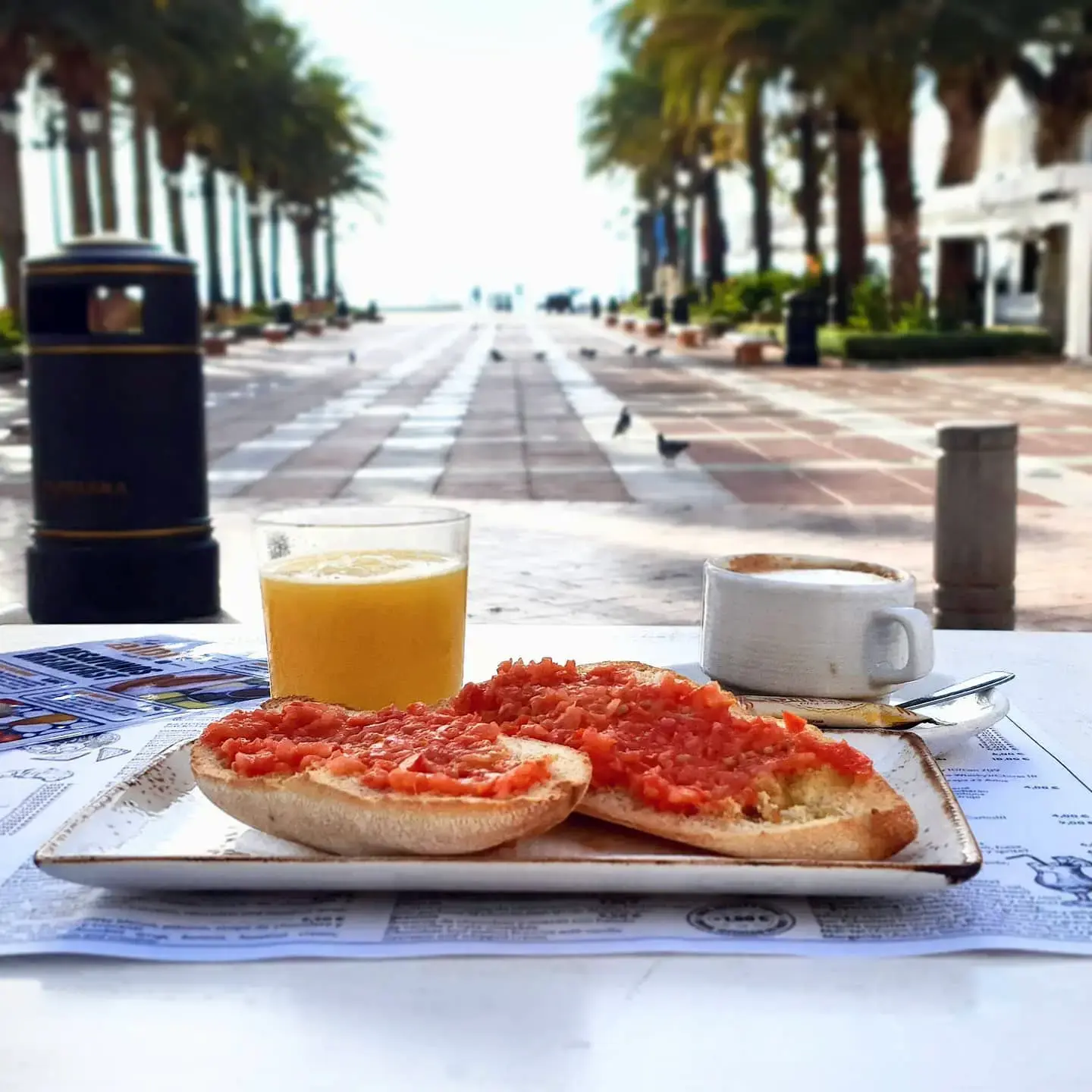 Tostadas con tomate, zumo de naranja y café en la terraza frente a un paseo con palmeras