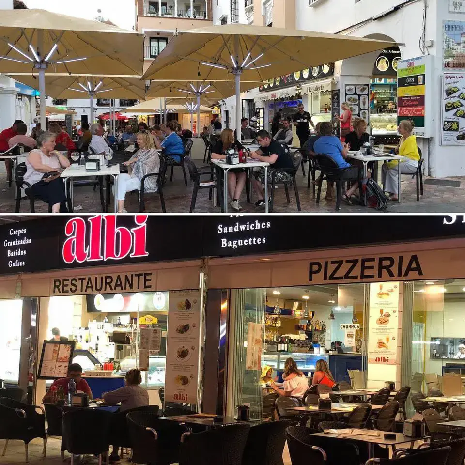 Montaje con la terraza bajo sombrillas de día y la fachada de Albi y su pizzería de noche