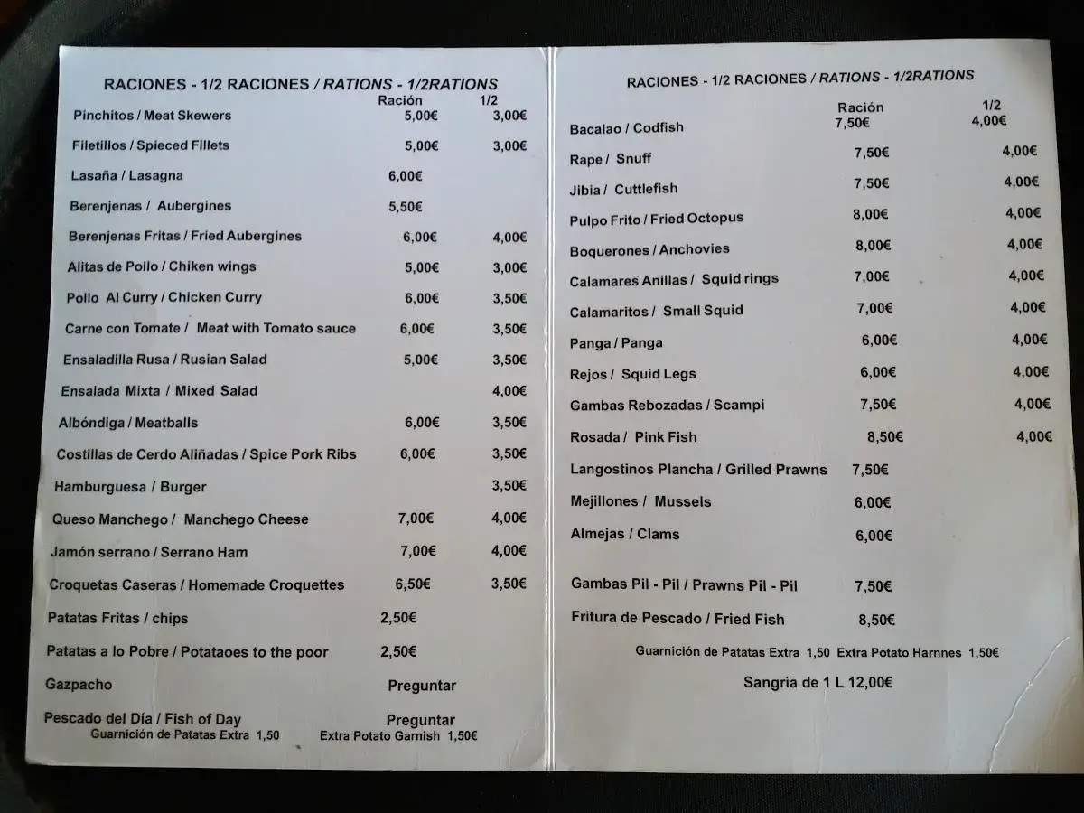 Carta de Bar Turry en Nerja