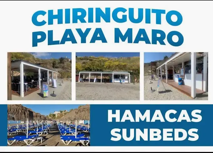 Cartel del Chiringuito Playa Maro con fotos del local y de las hamacas en la playa