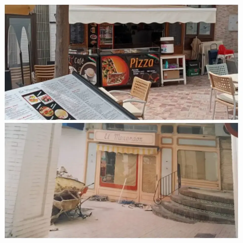Montaje con el puesto actual de pizza y café y una imagen antigua del local