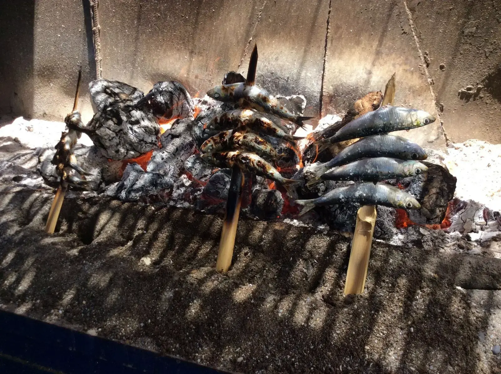Espetos de sardinas asándose sobre las brasas en la barca de arena