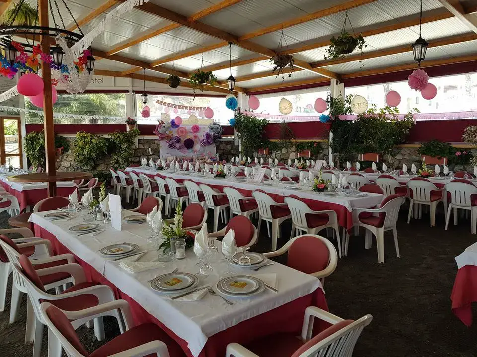 Salón cubierto preparado para una celebración, con farolillos, plantas y mesas en fila