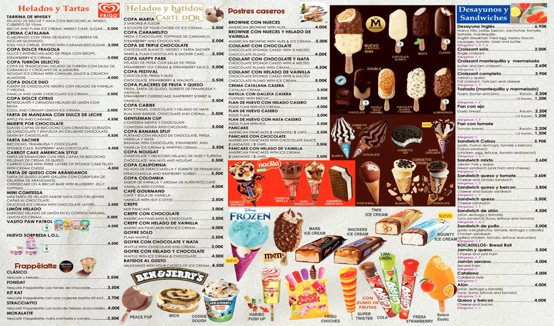 Carta de postres de Merendero Cobos en Nerja