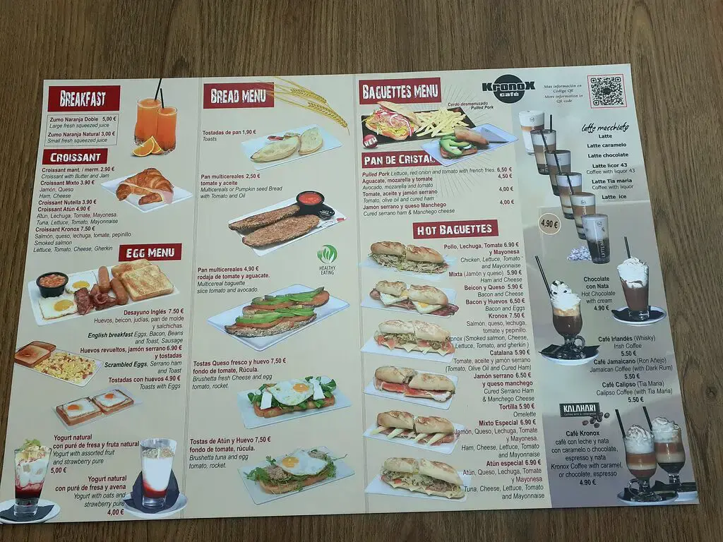 Carta de Kronox Café en Nerja