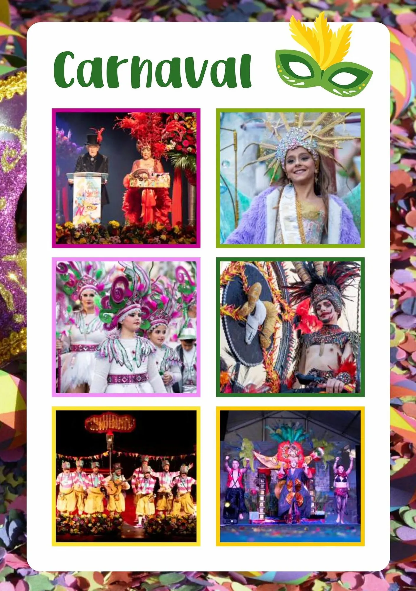 Collage del carnaval con pregón, reinas, comparsas y actuaciones sobre el escenario