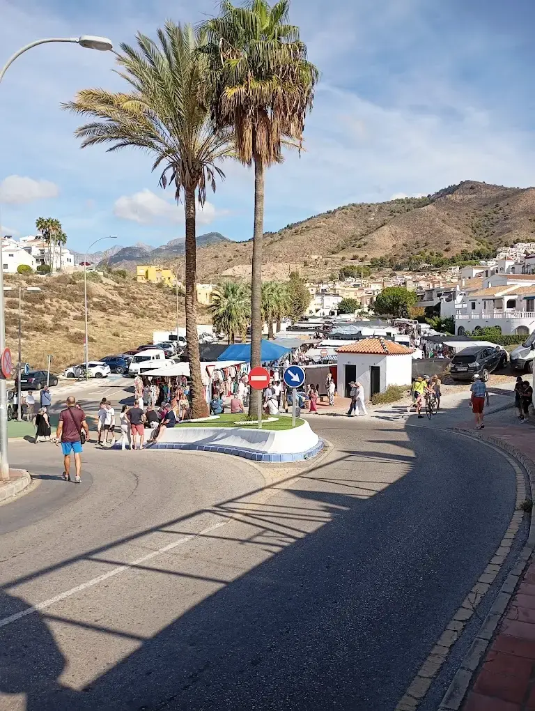 Rotonda con palmeras junto a la entrada del mercadillo de Nerja, con gente llegando a pie