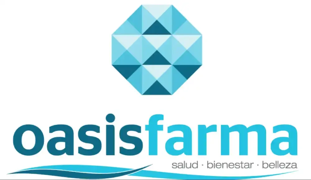 Logotipo de OasisFarma con el lema «salud, bienestar, belleza»