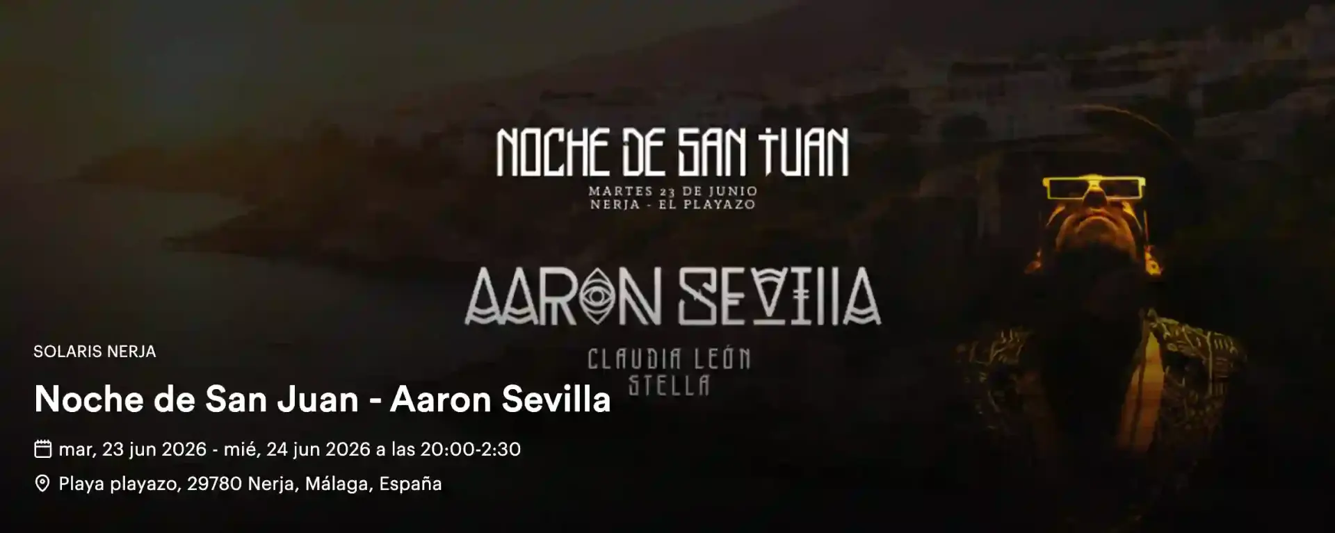 Anuncio de la Noche de San Juan con Aaron Sevilla en El Playazo de Nerja, 23 de junio de 2026