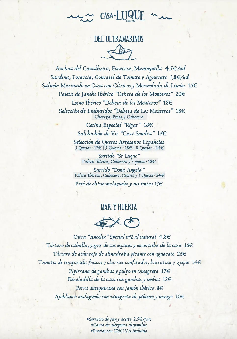 Carta (página 1) de Restaurante Casa Luque en Nerja