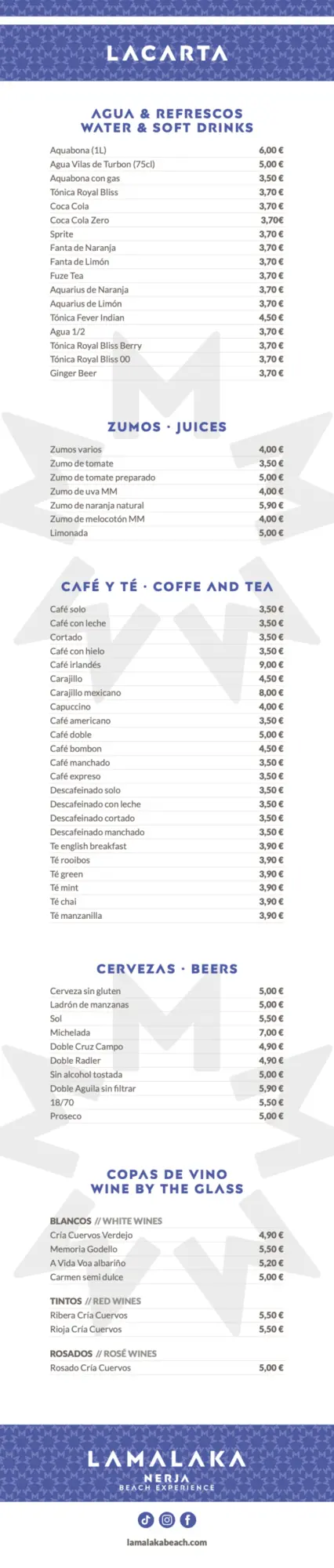 Carta de bebidas de Restaurante La Malaka (Beach Club) en Nerja