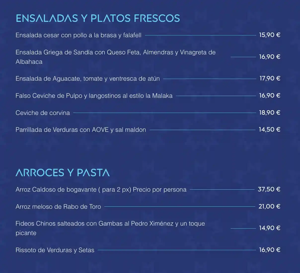 Entradas y pastas de Restaurante La Malaka (Beach Club) en Nerja