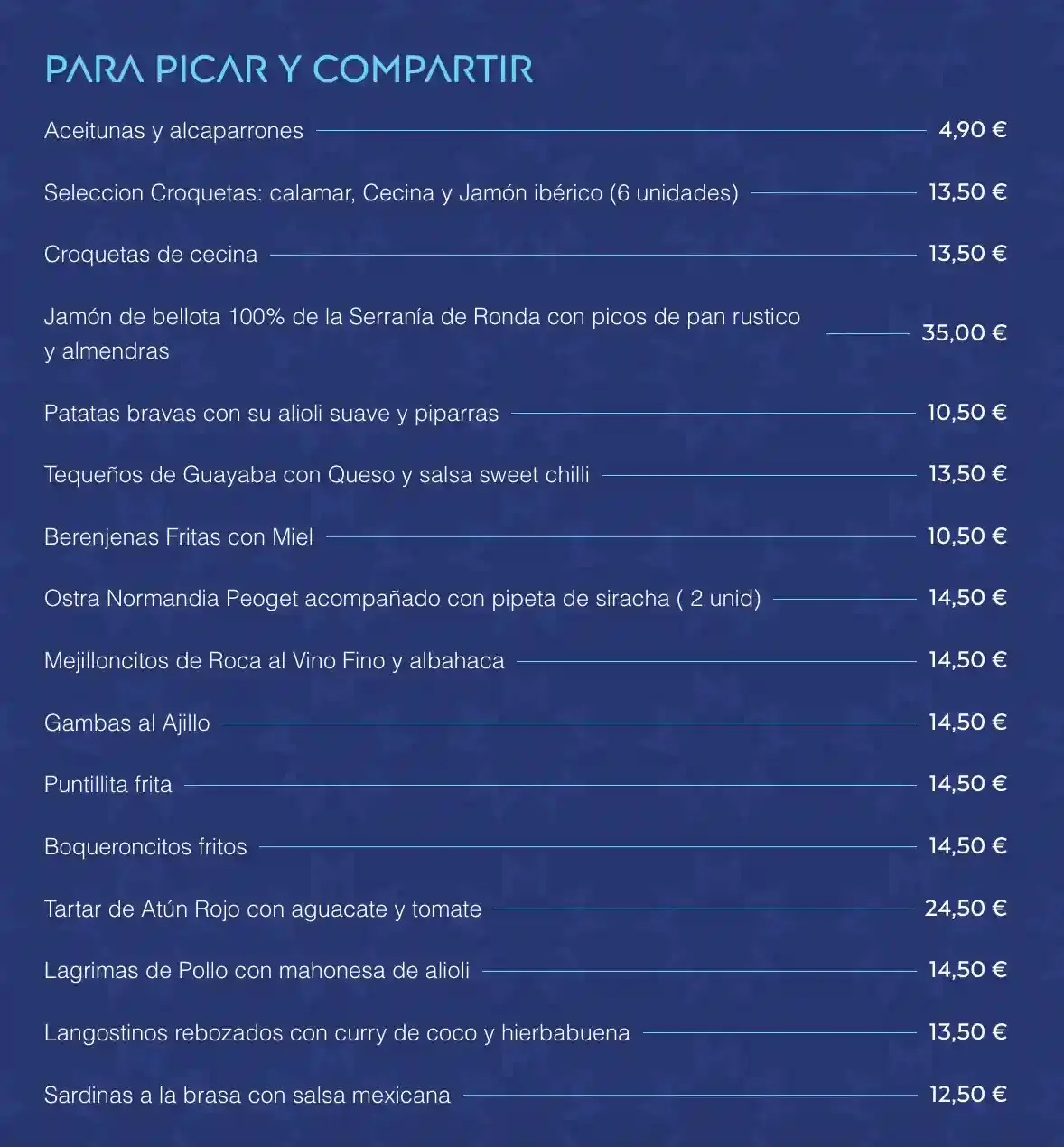 Carta de Restaurante La Malaka (Beach Club) en Nerja