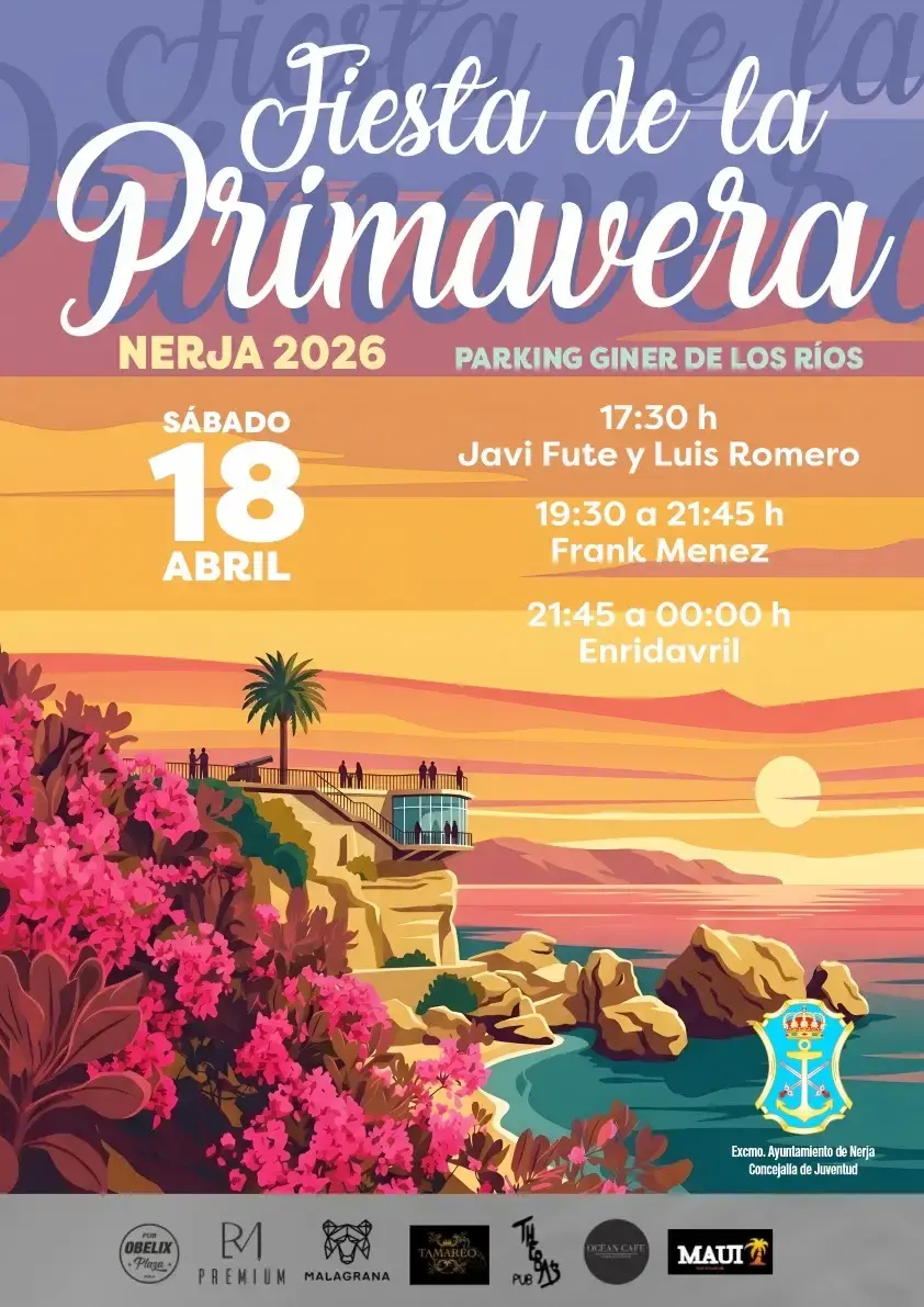 Cartel de la Fiesta de la Primavera Nerja 2026, sábado 18 de abril en el parking Giner de los Ríos