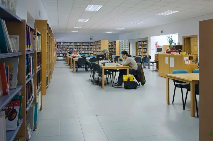 Sala de lectura con estanterías de libros y usuarios estudiando en mesas de madera
