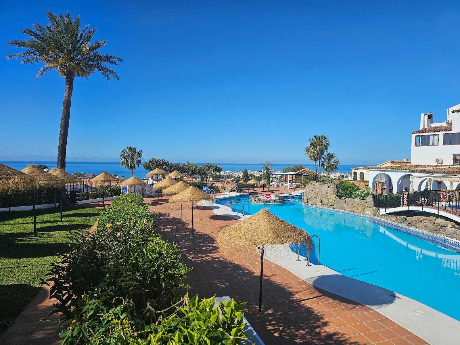Gran piscina de Capistrano con sombrillas de paja, palmeras y el mar al fondo