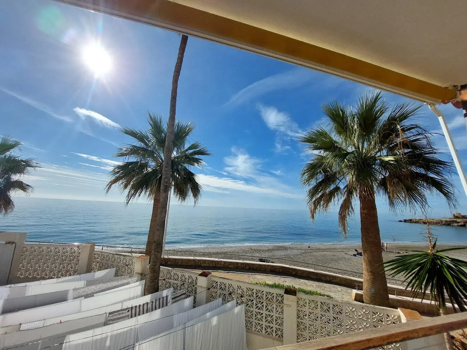 Vistas desde un balcón a la playa de la Torrecilla entre palmeras