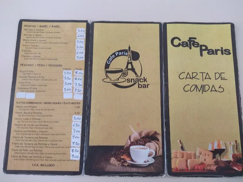 Carta de comidas de Cafe Paris con roscas, pescado y platos combinados con precios