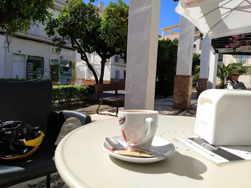 Taza de café en una mesa de la terraza a pleno sol, con naranjos de la plaza al fondo