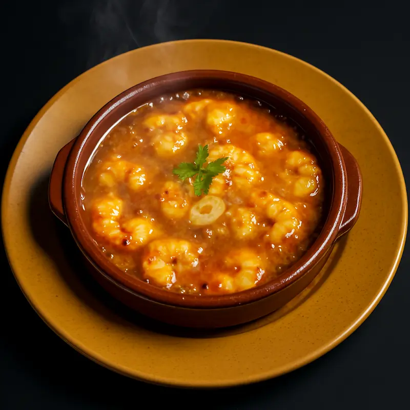 Cazuela de barro con gambas al ajillo humeantes y perejil