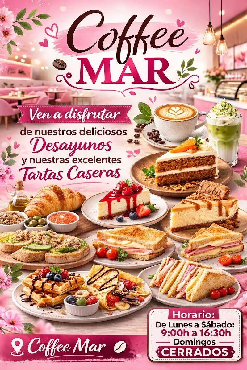 Cartel de Coffee Mar con desayunos y tartas, abierto de lunes a sábado de 9:00 a 16:30
