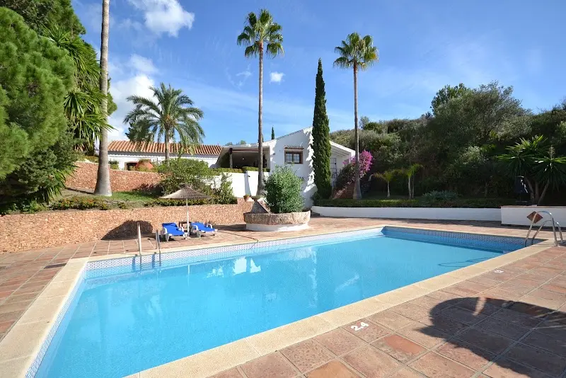 Piscina rodeada de palmeras y jardín, con hamacas azules y la casa blanca detrás