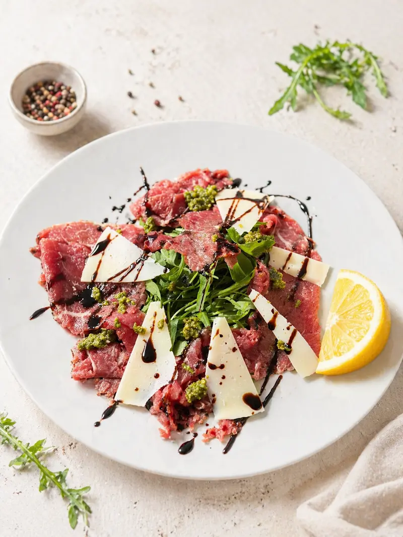 Carpaccio de ternera con rúcula, lascas de queso, pesto y reducción de balsámico