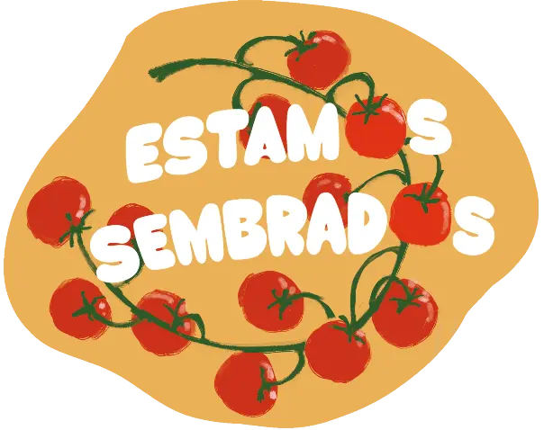 Logotipo ilustrado del restaurante con letras blancas y tomates en rama sobre fondo naranja